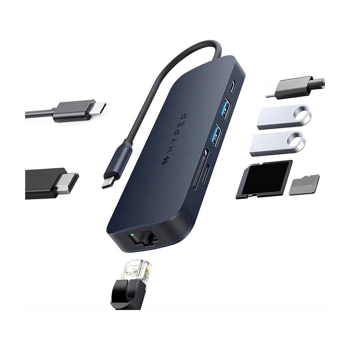 ADAPTADOR HUB HYPER USB-C a 2 PUERTO USB 3.0 – 2 PUERTO USB-C – HDMI – RJ45 – MICROSD