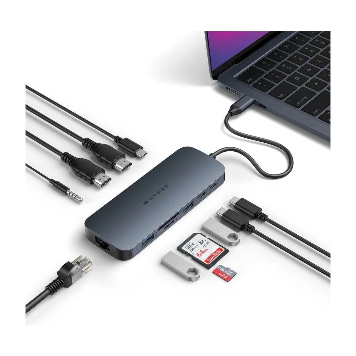 ADAPTADOR HUB HYPER USB-C a 2 PUERTO USB 3.0 – 1 PUERTOS USB-C – 2 HDMI – 1 RJ45 – MICROSD