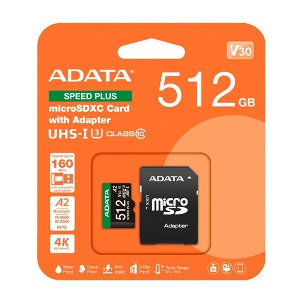 MicroSDXC ADATA 512 GB UHS-I – Speed Plus – V30 – UD512GUI3V30A2SP-RA1