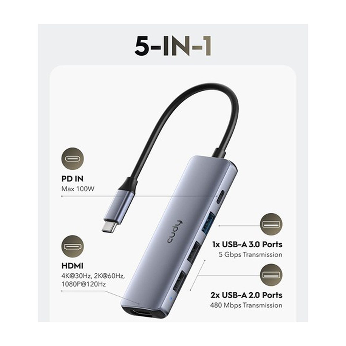 Hub Cudy USB-C – 5 en 1 – UH405