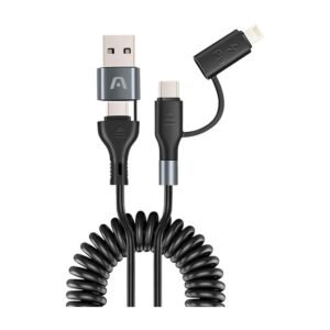 Cable Argom Dura Coil USB-A + Type-C To Type-C + Lightning 60W Fast Charce – 1.5M – Negro – ARG-CB-0071BK
