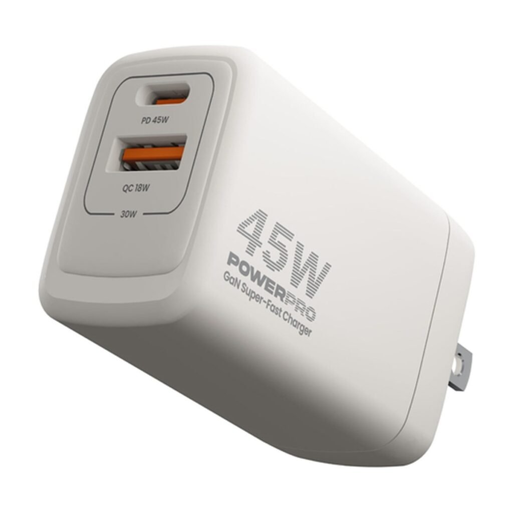 Cargador UNNO TEKNO Power Pro – Super Fast dual port 45W travel charger – Blanco