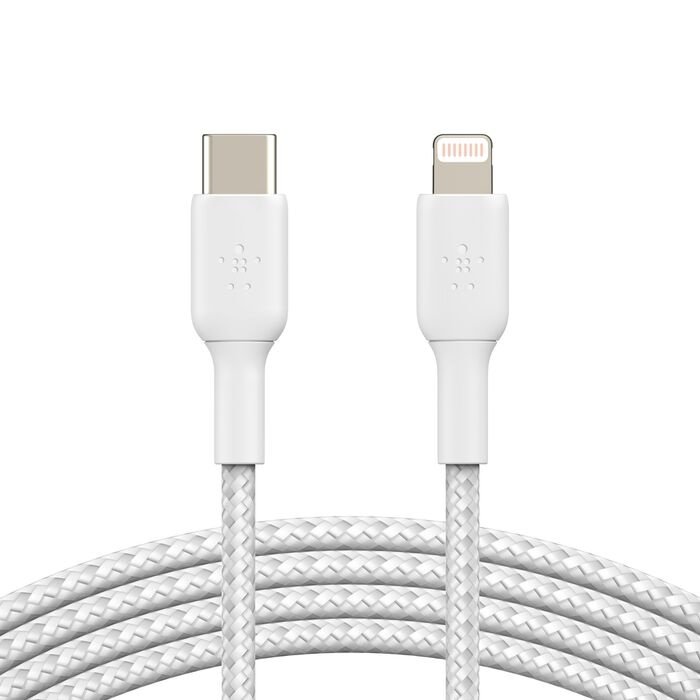 CABLE BELKIN BOOSTCHARGE USB-C A LIGHTNING – 1 M – 18W – TRENZADO – BLANCO