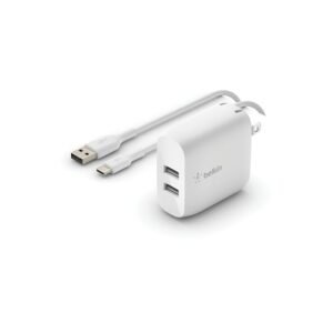 CARGADOR DE PARED BELKIN BOOSTCHARGE – DUAL USB-A – 24W – CABLE USB-C – BLANCO