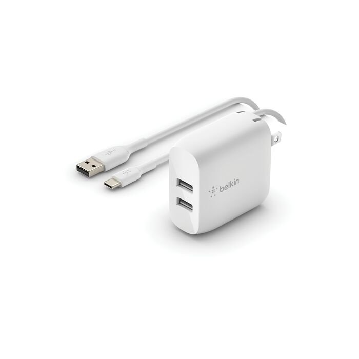 CARGADOR DE PARED BELKIN BOOSTCHARGE – DUAL USB-A – 24W – CABLE USB-C – BLANCO