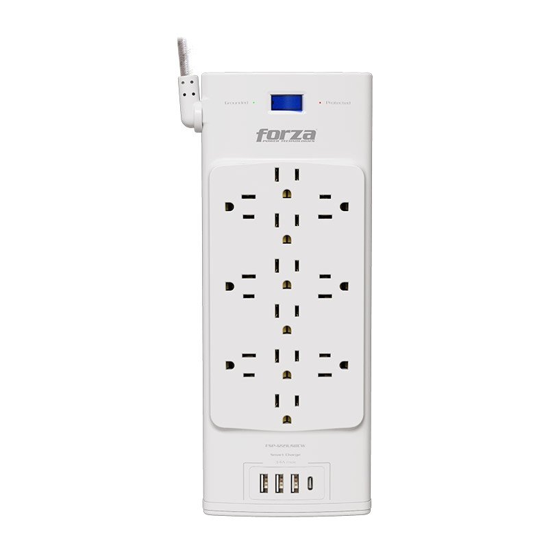 PROTECTOR DE SOBRETENSIÓN FORZA FSP-1221USBCW – 12 TOMAS – 3 USB-A Y 1 USB-C – BLANCO
