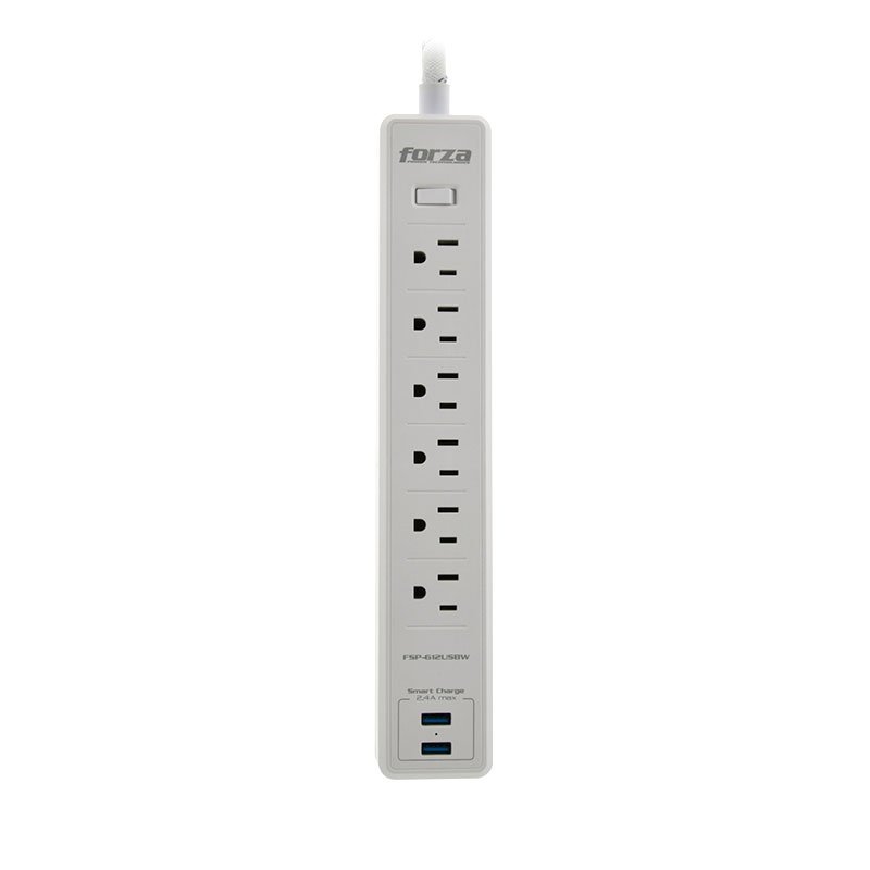 PROTECTOR DE SOBRETENSIÓN FORZA FSP-612USBW – 6 TOMAS – 2 USB – CABLE 5 PIES – BLANCO
