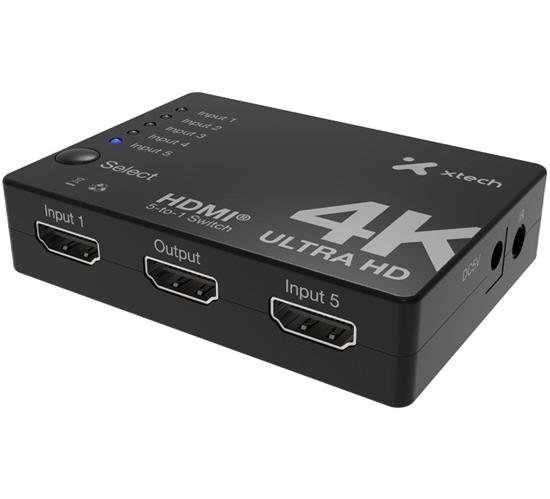 SWITCH HDMI XTECH XHA-430 – 5 PUERTOS A 1 – 4K UHD – CONTROL REMOTO – NEGRO