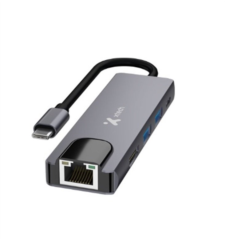 HUB USB-C XTECH XTC-572 – 5 EN 1 – CON RJ-45 – GRIS