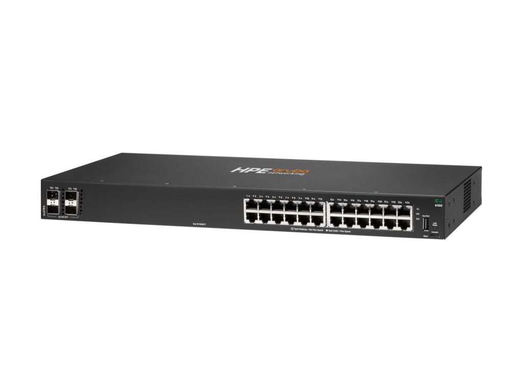 SWITCH HPE ARUBA 6100 24G – 24 PUERTOS GIGABIT + 4 SFP+ – ADMINISTRABLE – RACK